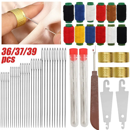Big Eye Sewing Needle Set with Threader & Thimble – Steel Hand Stitching Kit for Embroidery, DIY Craft & Clothing Repair Tools