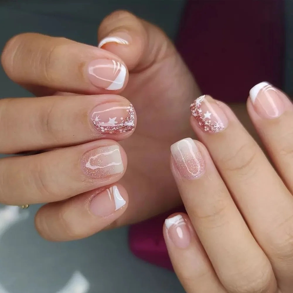24PCS Short Square Coffin False Nails – French Glitter Acrylic Press-On Nail Tips with Glue, Wearable Fake Nails Set