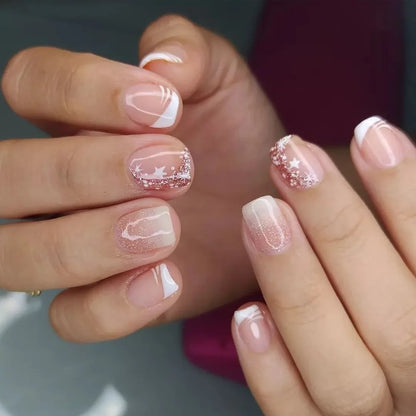 24PCS Short Square Coffin False Nails – French Glitter Acrylic Press-On Nail Tips with Glue, Wearable Fake Nails Set