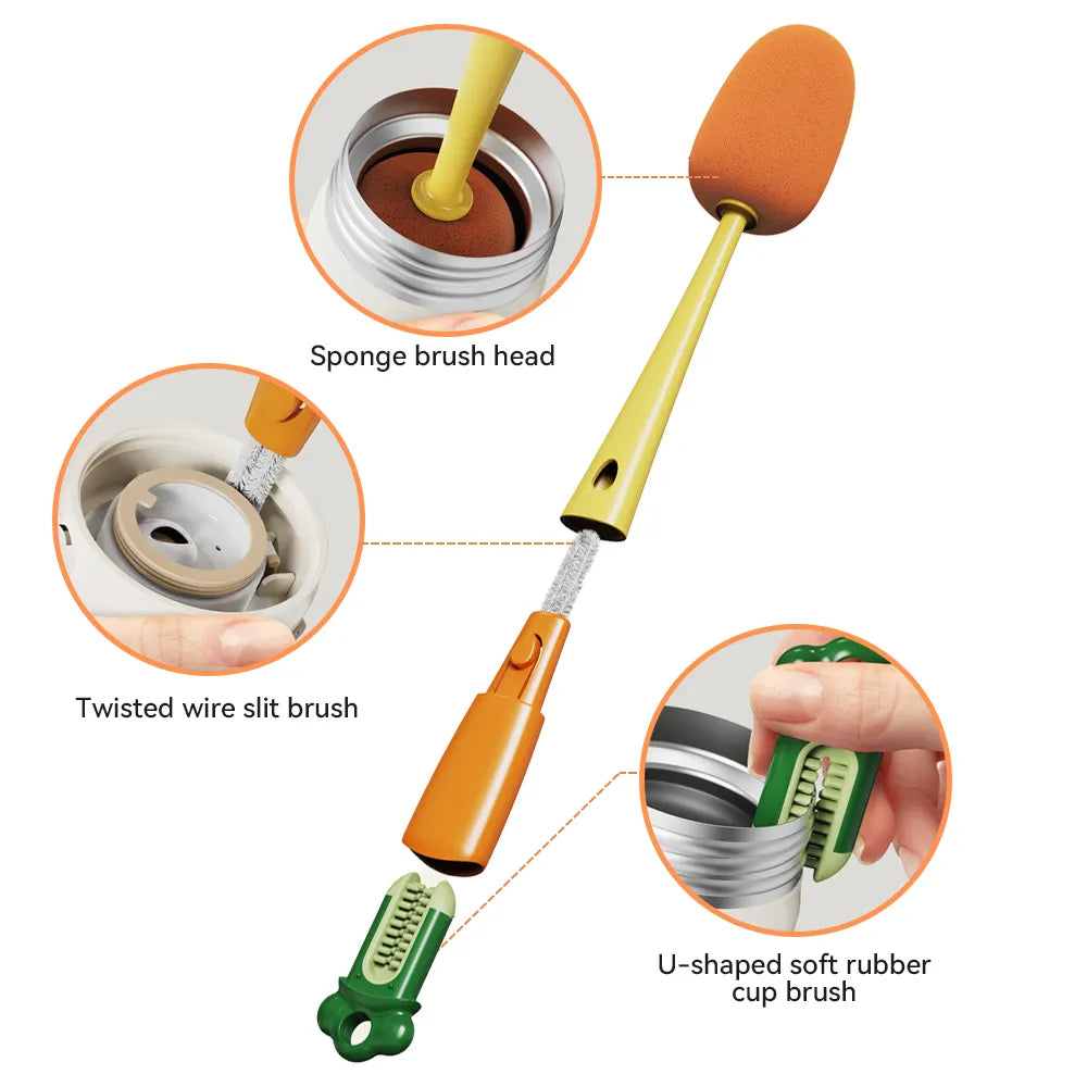 3-In-1 Long Handle Bottle Cleaning Brush - Sponge Bottle Gap Cleaner and Cup Cleaner for Kitchen