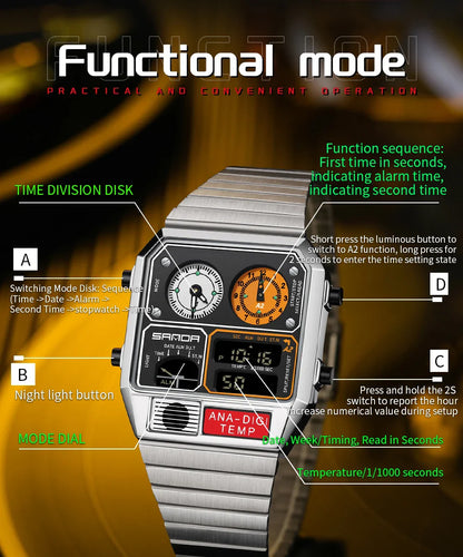 SANDA 3192 Men’s LED Square Watch — Youth Casual Multi-Function Stopwatch Thermometer Chronograph