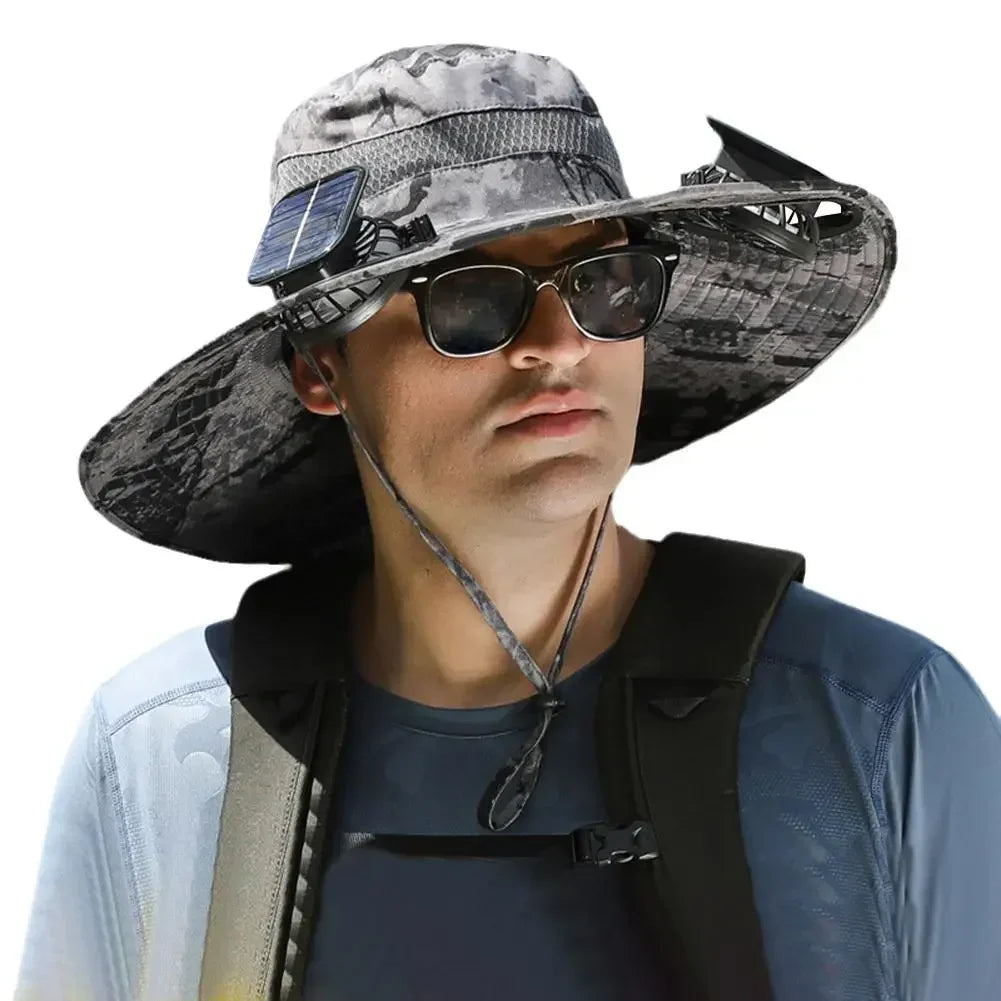 Men’s Wide Brim Solar Fan Hat – UPF50+ Sun Protection, Dual Power USB Adjustable Outdoor Hat for Beach & Fishing