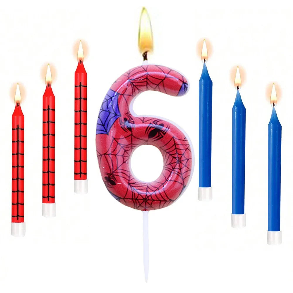 7Pcs Spider-Themed Number 4 Birthday Candles – Red & Blue Cartoon Cake Topper Decorations for Kids Party Supplies