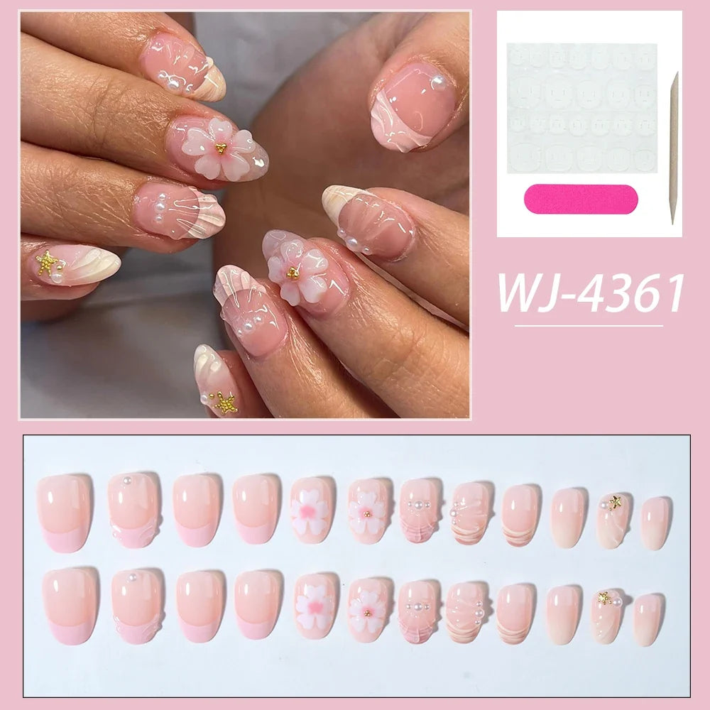 24pcs Short Oval 3D Gel Nail Stickers - Pearl Flower French Acrylic Press-On Nails for Easy Nail Art
