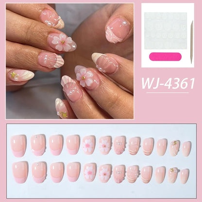 24pcs Short Oval 3D Gel Nail Stickers - Pearl Flower French Acrylic Press-On Nails for Easy Nail Art