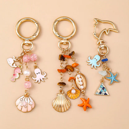 Summer Beach Shell Keychain – Octopus and Starfish Marine Life Pendant for Women, Girls, Handbag Decor, and Gifts