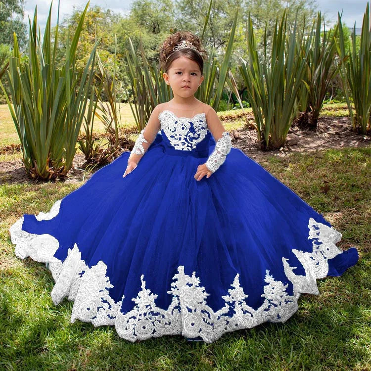 Flower Girl Wedding Dress - Long Sleeve Satin Bow Ball Gown for Toddlers & Girls