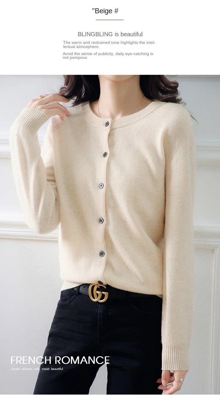 Women’s Solid Color Knit Cardigan - Spring Autumn Round Neck Worsted Sweater ZD-021