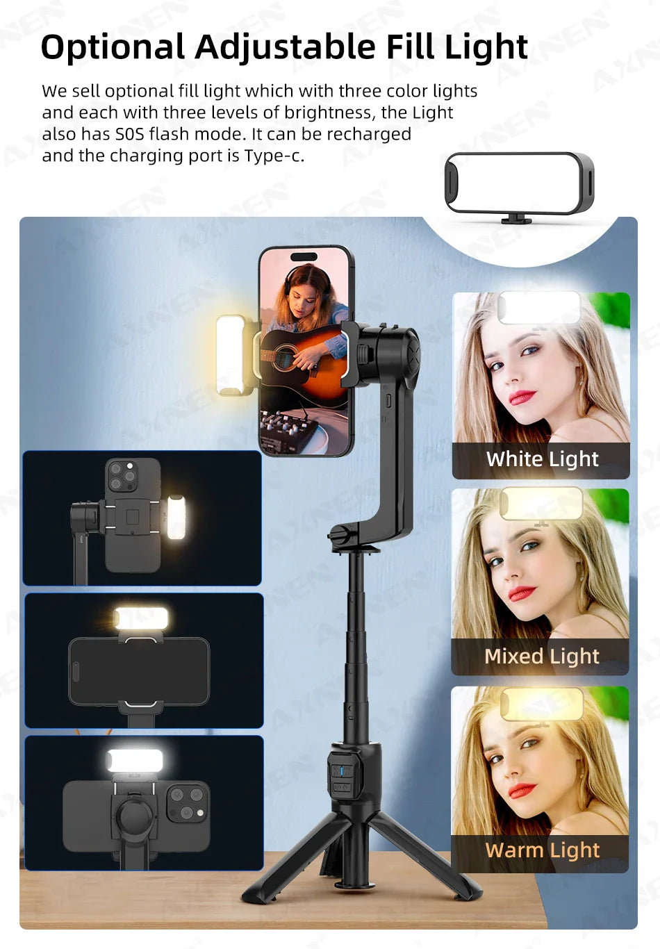 AXNEN HQ2 Series Handheld Mobile Phone Stabilizer – Smartphone Gimbal & GoPro Extension Rod Selfie Stick Tripod