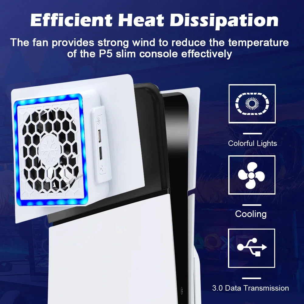 NEW Side-Mounted Cooling Fan for PS5 Slim – LED Light & 2 USB Ports Game Console Cooler Accessory