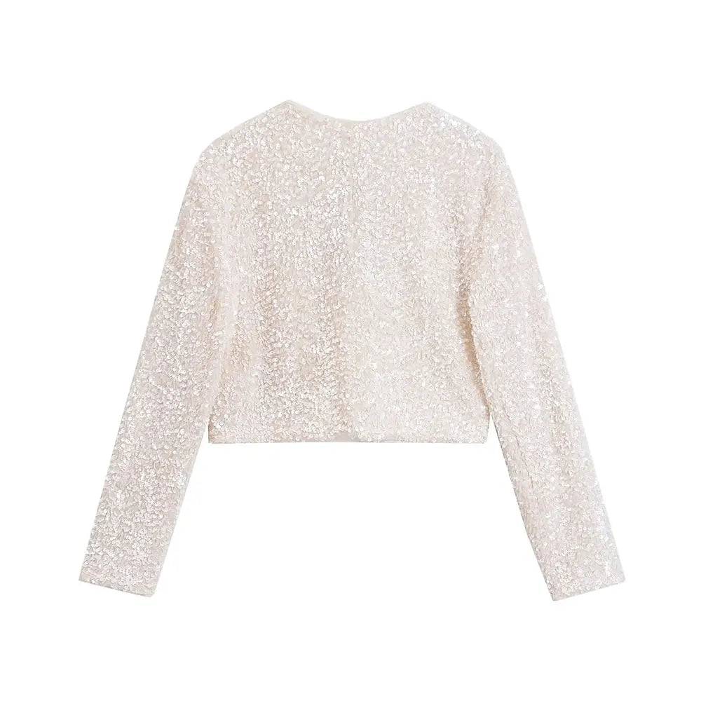 TRAF Women's Sequin Cropped Jacket – Long Sleeve O-Neck Coat with Bow Tie, Chic Outerwear Top