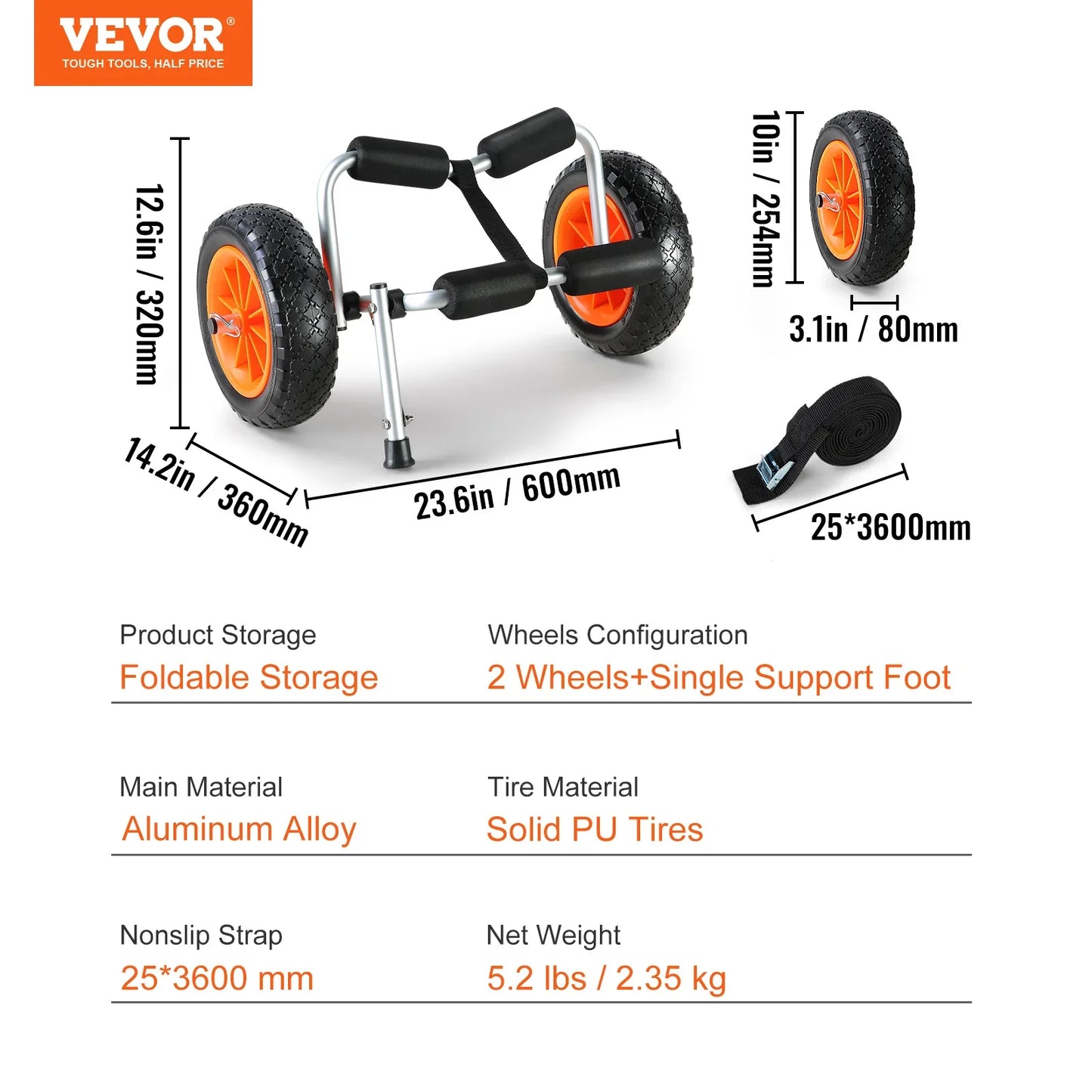 VEVOR Kayak Cart — 250lbs Foldable Canoe Trolley with 10" Tires & Support Foot for Paddleboards, Float Mats & Jon Boats