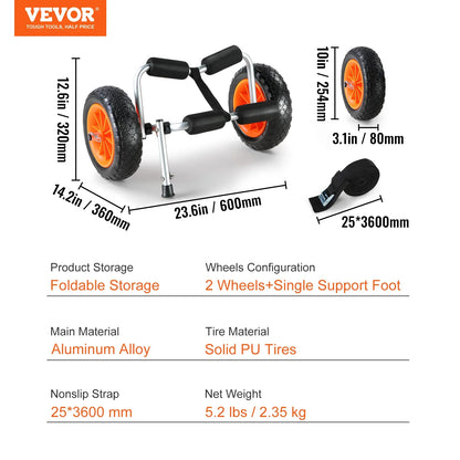 VEVOR Kayak Cart — 250lbs Foldable Canoe Trolley with 10" Tires & Support Foot for Paddleboards, Float Mats & Jon Boats