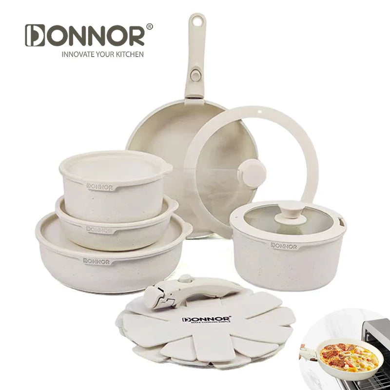 DONNOR Safe Nonstick Kitchen Cookware Set - Oven Safe Pots and Pans with Removable Handles