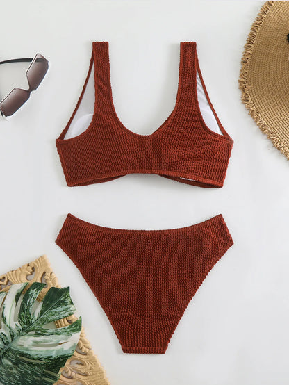 2025 Summer Women's Two-Piece Swimsuit – Solid High Waist V-Neck Backless Bikini Set Beachwear