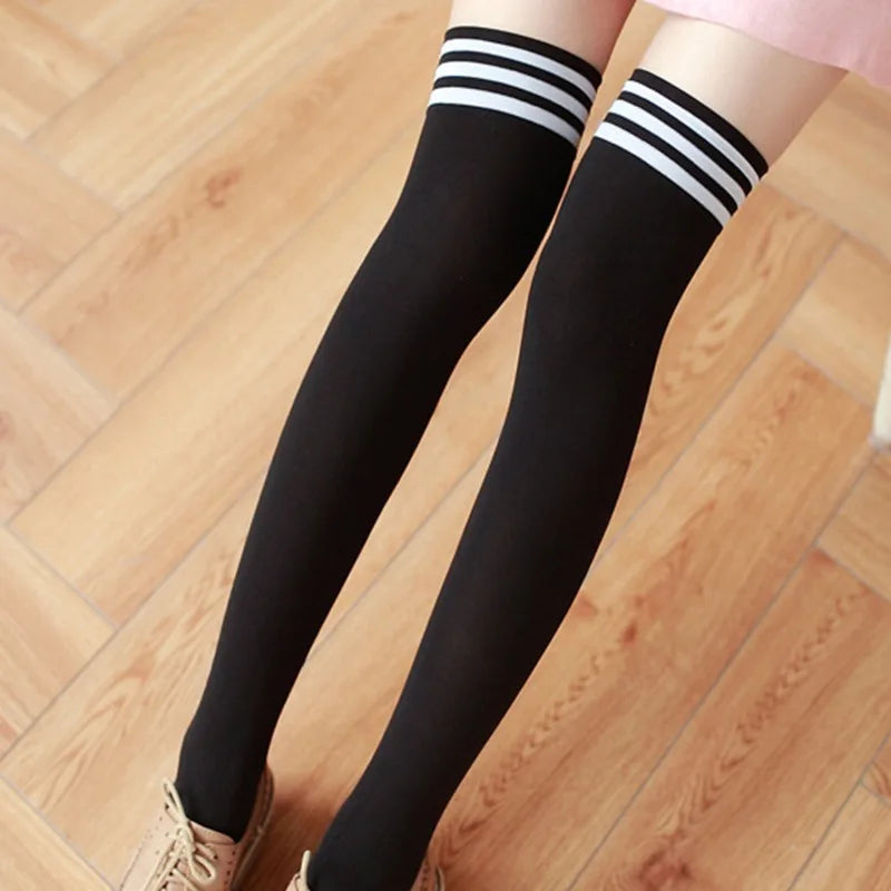 Sexy Striped Thigh High Socks for Women – Long Nylon Over Knee Stockings & Leg Warmers