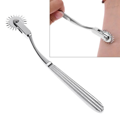 BDSM Mini Wartenberg Pinwheel — Sensation Fetish Spiked Metal Wheel with Sheath, Three-Wheel Design