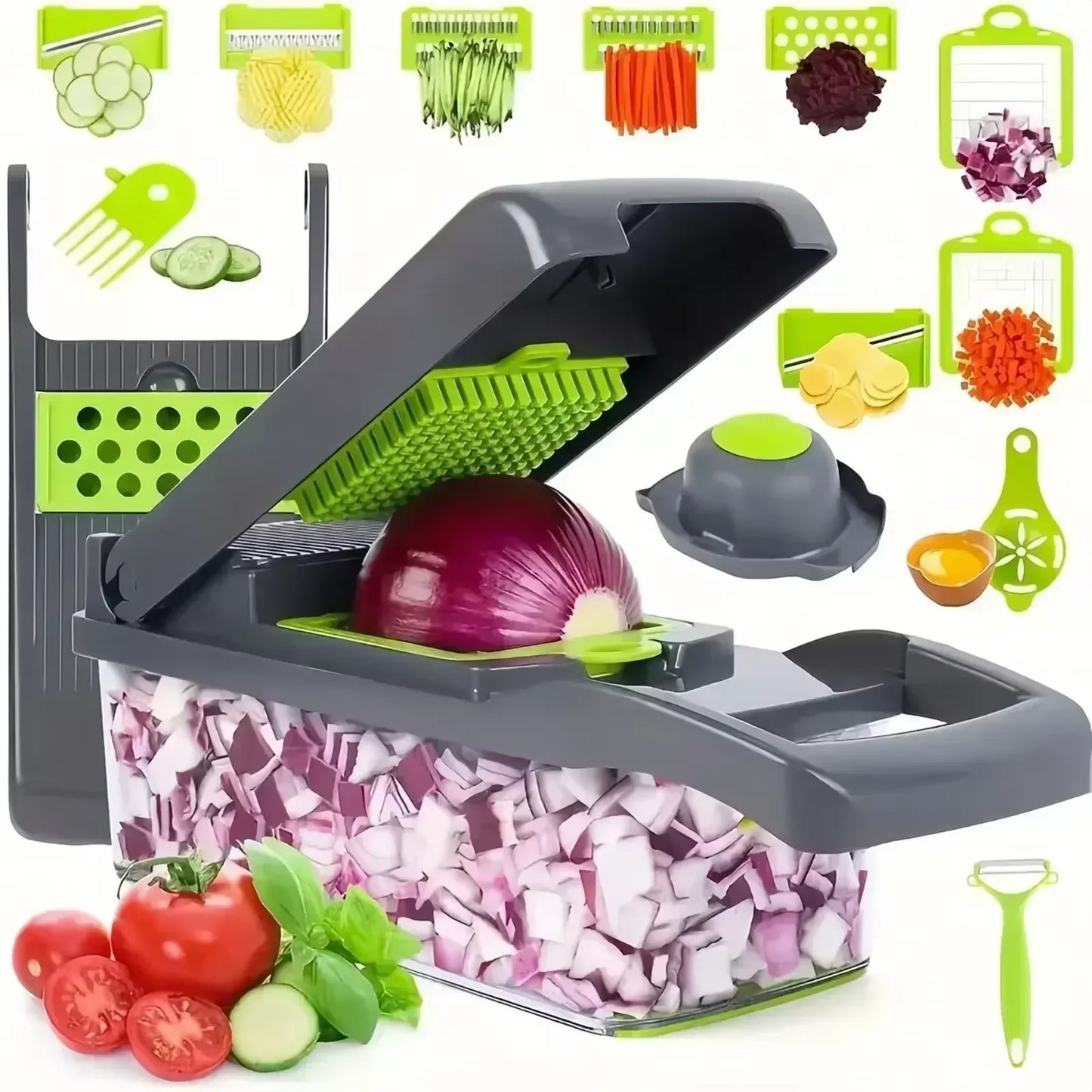 Multifunctional 14/16-in-1 Vegetable Chopper – Kitchen Food Grater, Slicer & Dicer with Handle