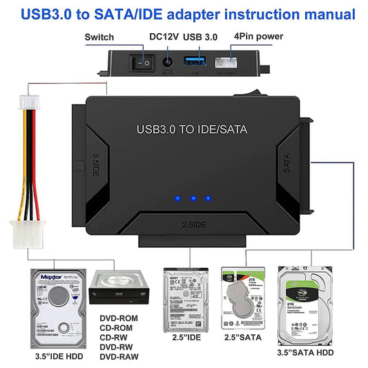 USB 3.0 to SATA IDE Adapter Cable – 3-in-1 Converter for 3.5/2.5 inch HDD/SSD, CD/DVD ROM, CD-RW