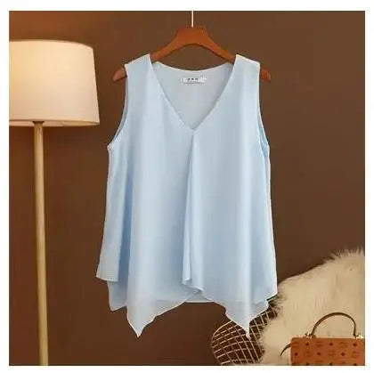 Women's Chiffon V Neck Blouse - Loose Sleeveless Plus Size Fashion Top M-5XL