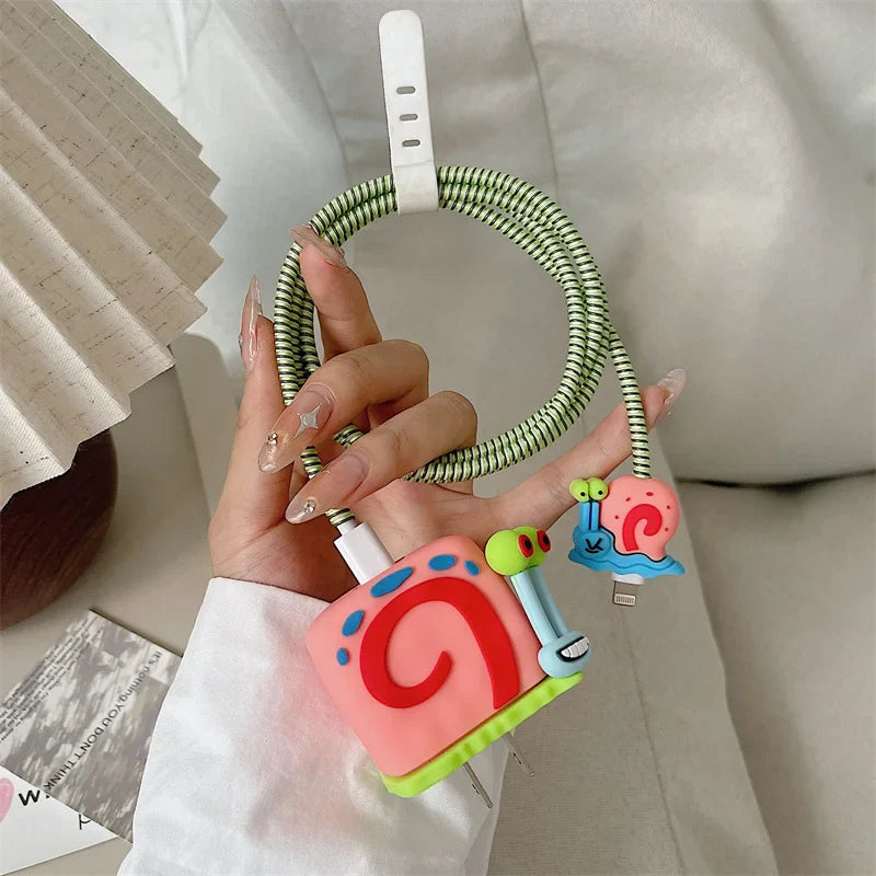 Cute Cartoon Snail Pattern Shockproof Bumper Case for iPhone Charger – 18W/20W Portable USB Cord Protect Cover