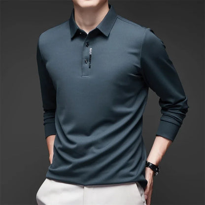 Men's Business Casual Polo Shirt - Long Sleeve Solid Color Top with Badge Detail