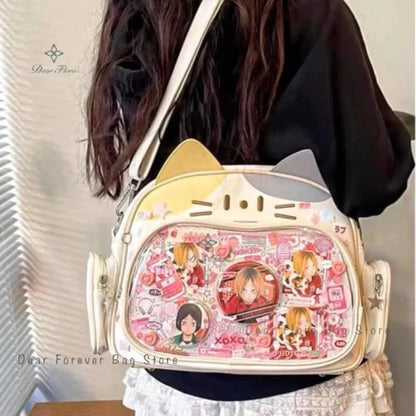 Y2K Korean Kawaii Cat Ita Bag — Cute PU Transparent Shoulder & Crossbody Bag for Girls, Harajuku Style Backpack
