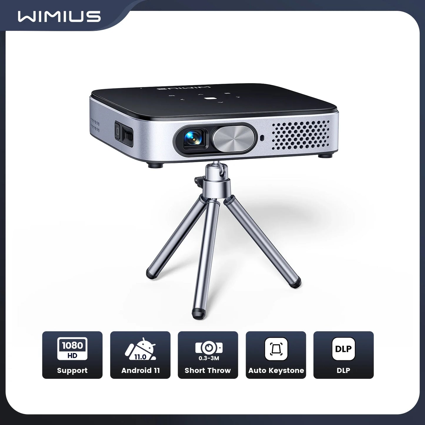 WiMiUS Mini Android 11.0 DLP Projector – Rechargeable Ultra Short Throw, WiFi, Bluetooth, FHD 1080P Support