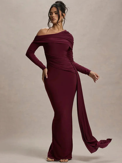 Mozision Women’s Long Sleeve Maxi Dress – Sexy Backless Draped Ruched Bodycon Gown, Skew Collar Elegant Club Dress