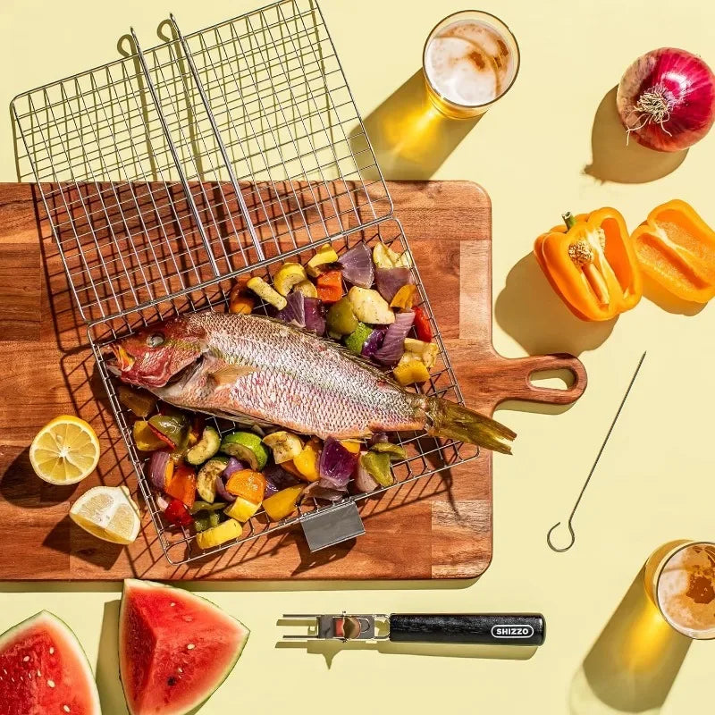 Large Stainless Steel Grill Basket – Folding BBQ Rack for Fish, Portable Outdoor Camping & Cooking Accessories