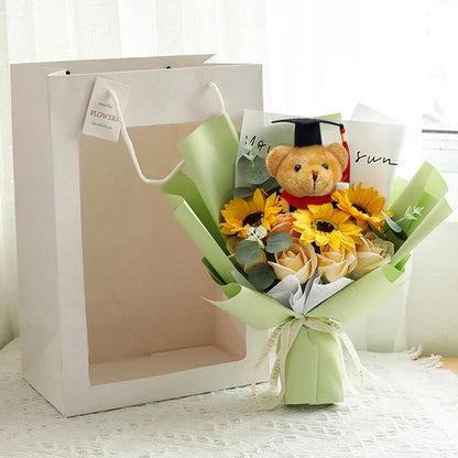 DIY Simulated Flower Bouquet – Crochet Sunflower Finished Product, Graduation, Doctoral, Valentine’s Day & Birthday Gift with Bear