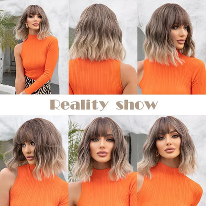Women’s Grey Wavy Bob Wig with Bangs — Short Blonde Ombre Synthetic Hair with Dark Roots for Daily Wear
