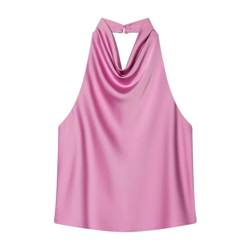 Women's Satin Halter Backless Camisole Top – Off Shoulder Summer Beach Tank Blouse