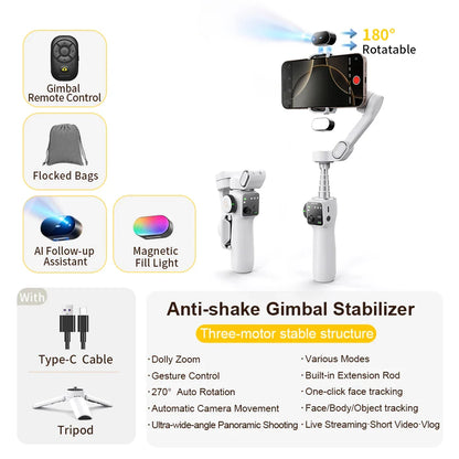 AOCHUAN Smart V8 3-Axis Handheld Gimbal – Phone Stabilizer with Extension Rod, Tripod & Face Tracking for iPhone, Android, TikTok & Vlog