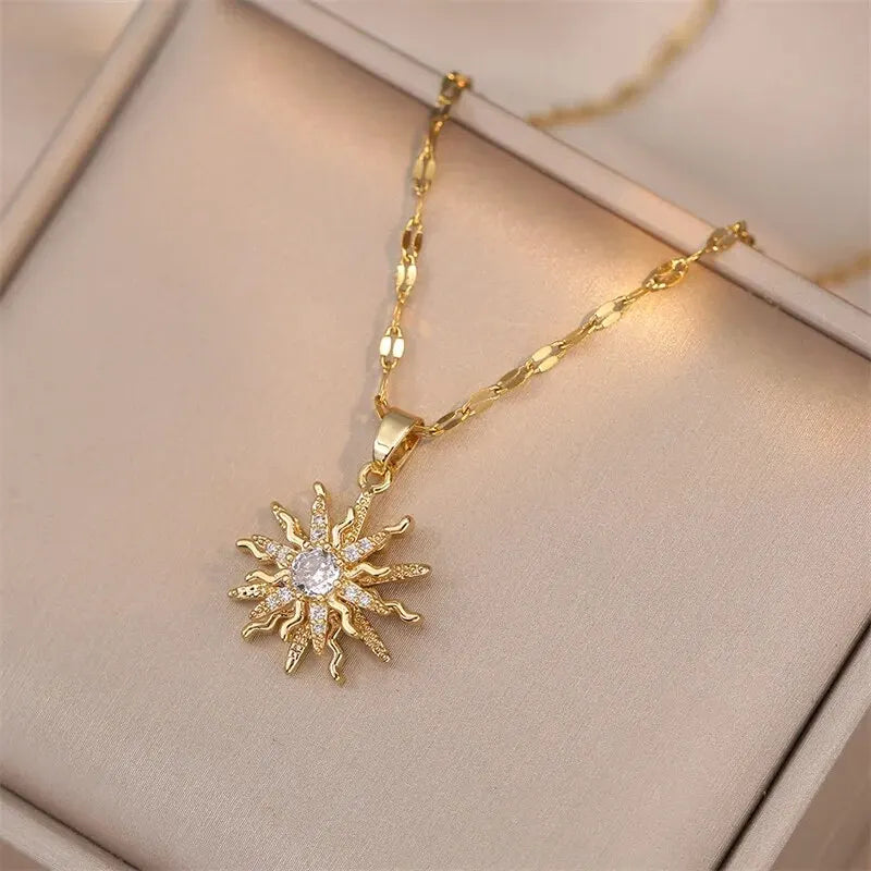 Light Luxury Gold Zircon Flower Pendant Necklace for Women – Elegant Spin Design High-End Party Jewelry Gift Chain Necklace