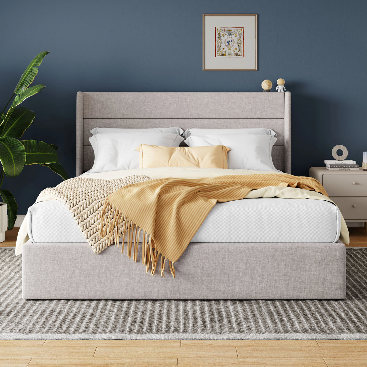HOOMIC Lift-Up Storage Bed with Wingback Headboard - Heavy-Duty Hydraulic Platform Bed with Large Underbed Storage