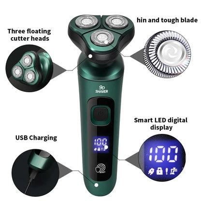 Smart Electric Shaver with LCD Display – 3-Head Floating Rechargeable Razor for Men, USB Charging Beard Trimmer & Washable Grooming Tool