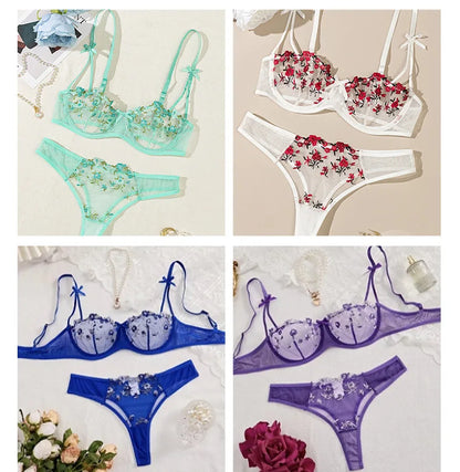 Sexy Lace Floral Lingerie Set for Women — Transparent Bra & Underwear Party Set, Sizes S-XL