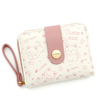 Japanese Cute Cat Wallet for Girls – Short Zipper Wallet, ID & Bank Card Holder, Coin Purse & Key Storage for Women