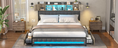 Queen Bed Frame with 4 Storage Drawers – Upholstered LED Bed with Bookcase Headboard, Type-C & USB Charging Station