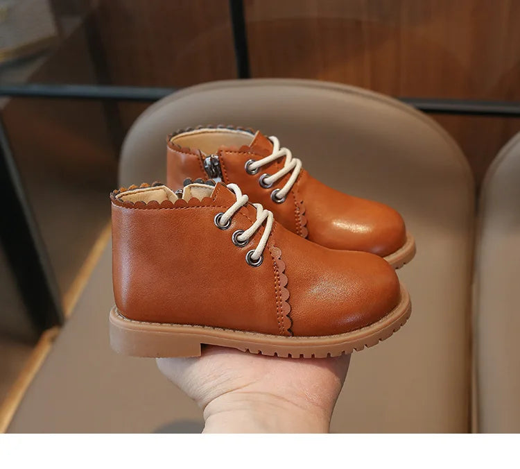 Girls’ Leather Ankle Boots 2024 — Spring & Autumn Lace-Up Side Zipper Rubber Boots, Sizes 21-30