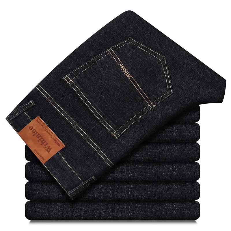 Men's Classic Stretch Jeans - Business Casual Straight Leg Denim Work Trousers in Blue & Black