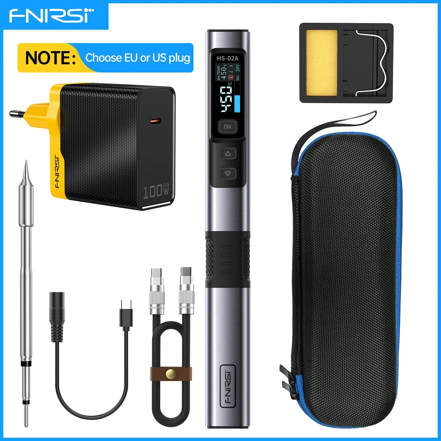 FNIRSI HS-02 Adjustable Temperature Soldering Iron – 20V 100–450℃ 100W Portable Welding & Repair Rework Station Tool