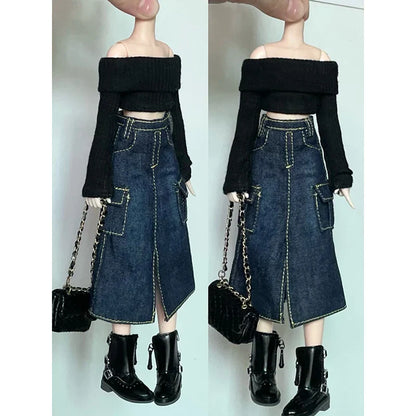 Handmade Blythe Doll Clothes – Off-Shoulder Sweater & Split Denim Long Skirt Mini Dress for 1/6 OB24 Dolls
