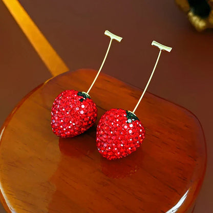 Rhinestone Red Strawberry Stud Earrings for Women - Korean Ins Cute, Fashionable Jewelry with Personality
