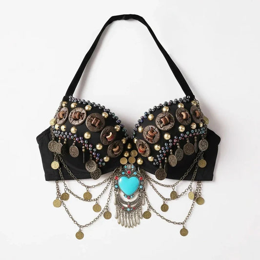 Vintage Gypsy Tribal Belly Dance Push-Up Bra – Wooden Beads Top with Turquoise Medallion
