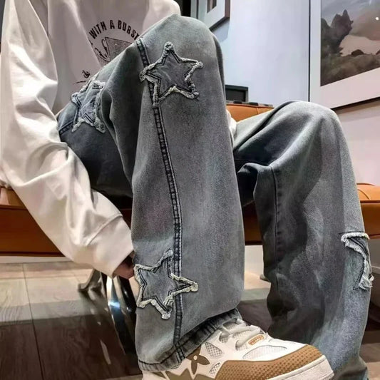 Stars Patchwork Men’s Jeans — Y2K Tassel Straight Hip Hop Streetwear Pants, Korean Fashion Trousers