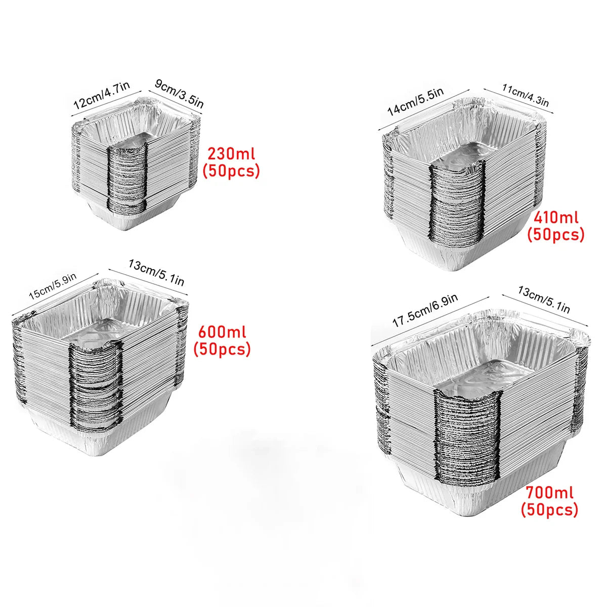 50pcs Disposable Aluminum Foil Pans – Various Sizes for Cooking, Baking, Heating, Storing & Food Prep
