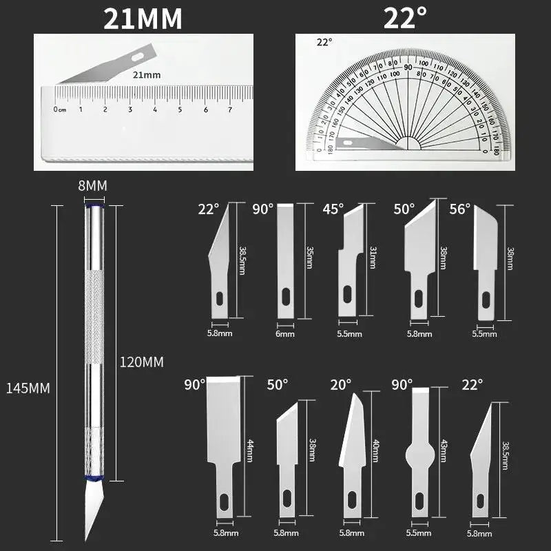13PCS Metal Scalpel Knife Set – Portable Blue Box with 3 Handles & 10 Blades for Precision Carving, DIY & Repair Tools