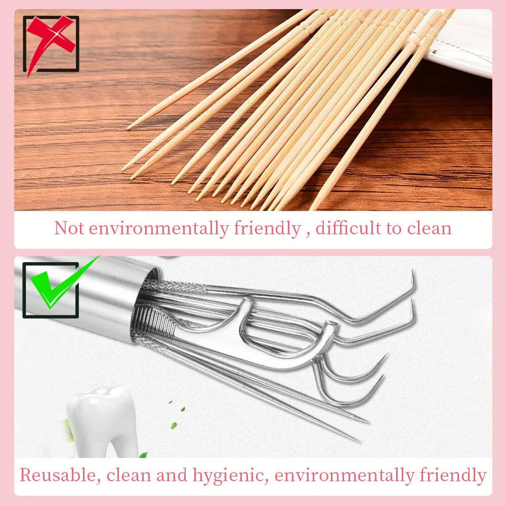 7pcs Stainless Steel Toothpick Set: Reusable Tooth Flossing Picks for Oral Cleaning - Portable Teeth Cleaner Kit
